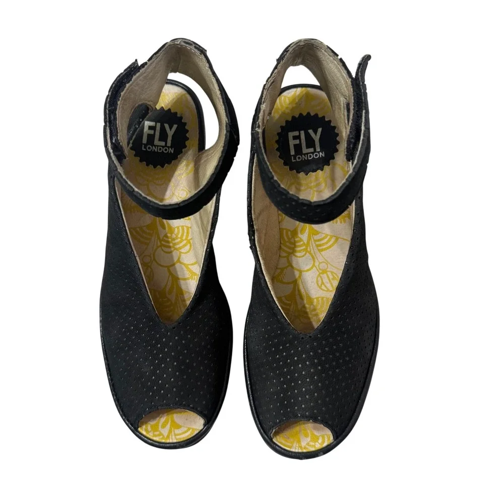 Fly London Yala Wedge Sandals  7 Black Good Perforated Suede P500376028